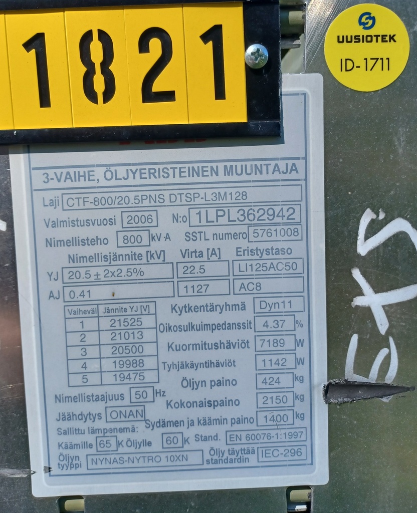 800kVA 20/0,4kV Öljymuuntaja ABB vm. 2006