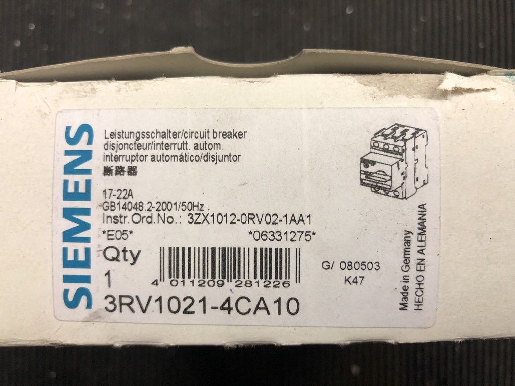 Siemens 3RV1021-4CA10 protective switch 17-22A