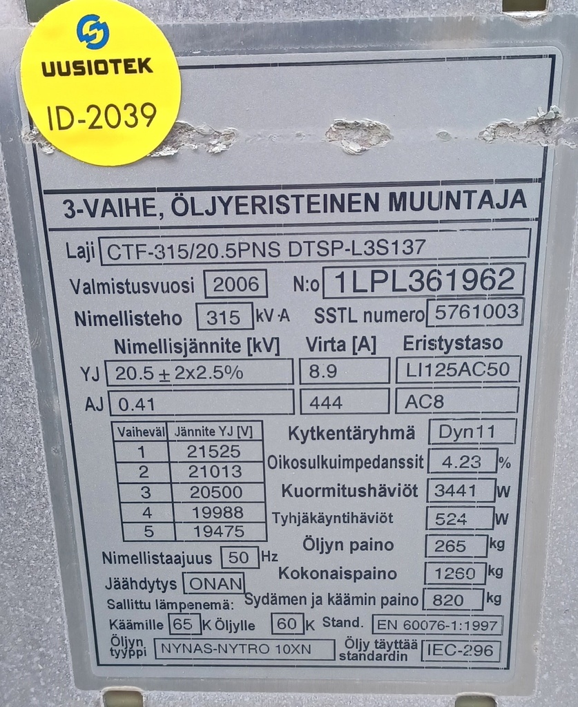 315kVA 20/0,4kV Öljymuuntaja ABB vm. 2006