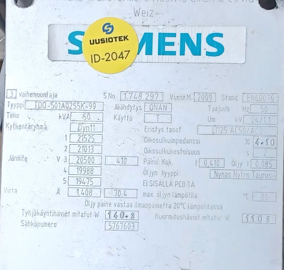 50kVA 20/0,4kV Öljymuuntaja Siemens vm. 2009