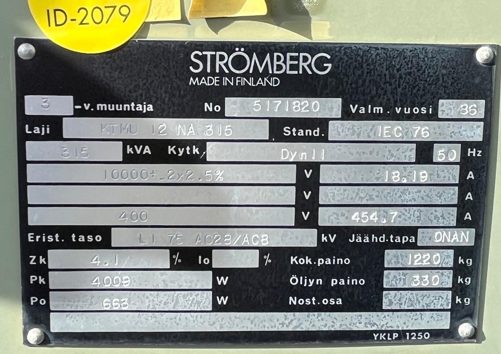 315kVA 10/0,4kV Öljymuuntaja Strömberg vm. 1986