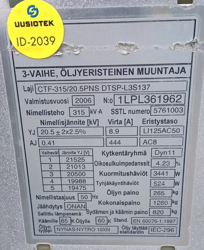 [ID-2039] 315kVA 20/0,4kV Öljymuuntaja ABB vm. 2006