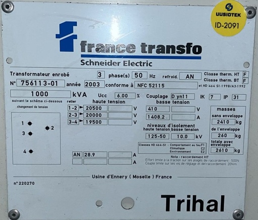 [ID-2091] 1000kVA 20/0,4kV Kuivamuuntaja France Transfo vm. 2003