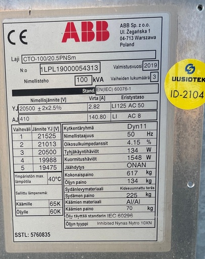 [ID-2104] 100kVA 20/0,4kV Öljymuuntaja ABB vm. 2019