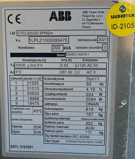 [ID-2105] 200kVA 20/0,4kV Öljymuuntaja ABB vm. 2021 VARATTU